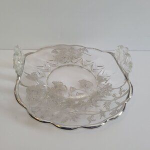 Antique Silver City Flanders Overlay Glass Candy Dish With Floral Design & Handl